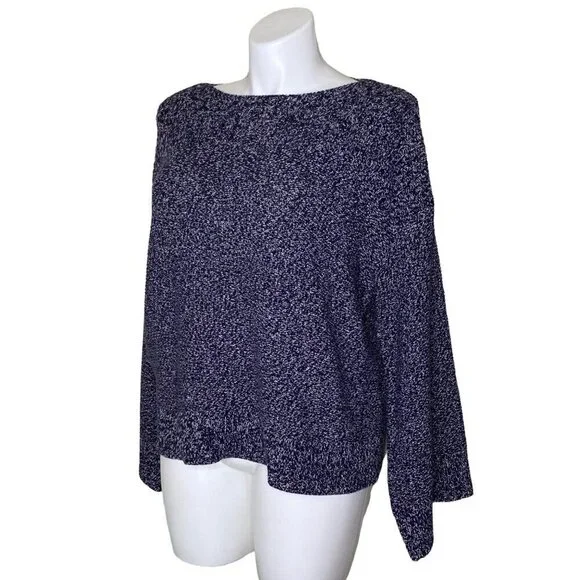 Loft Black White Marled Pullover Sweater Long Flare Sleeve Cotton Women's Size L - Picture 7 of 9